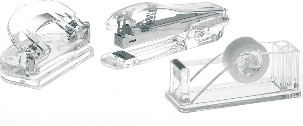 Transparentes Acryl Büro-Set: Locher, Tacker & Tischabroller - Effizienz in stilvollem Design | Glasklar