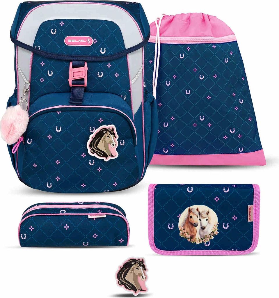 Belmil Maxi ergonomisches Schulranzen-Set 5-teilig "Meet your Horses" mit Brustgurt und Hüfgurt, Magnetverschluss, einem Patch
