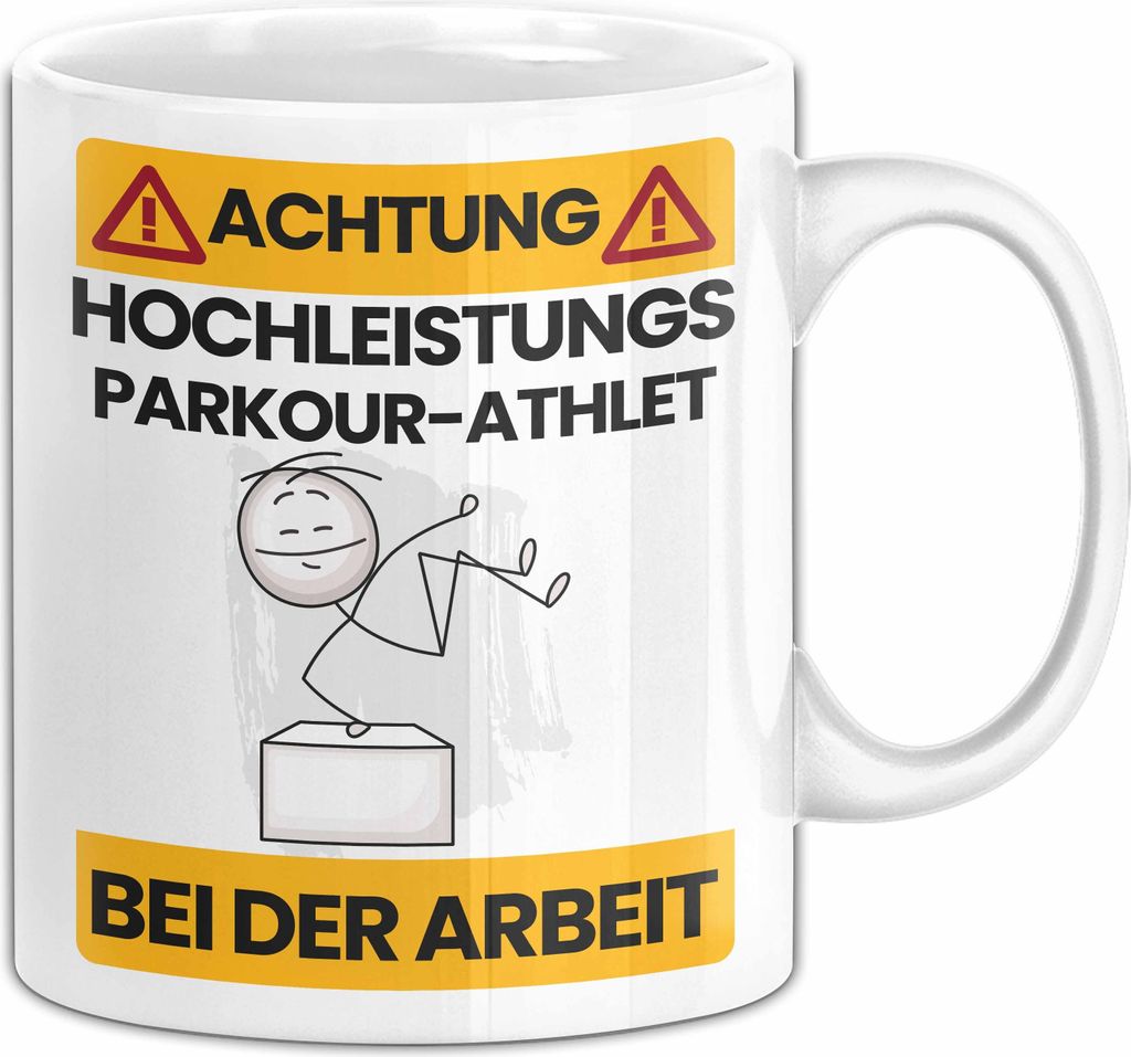 Parkour-Athlet Tasse Geschenk Lustiger Spruch Geschenkidee für Parkour-Athlet Achtung Hochleistungs Parkour-Athlet Bei Der Arbeit (Weiß)