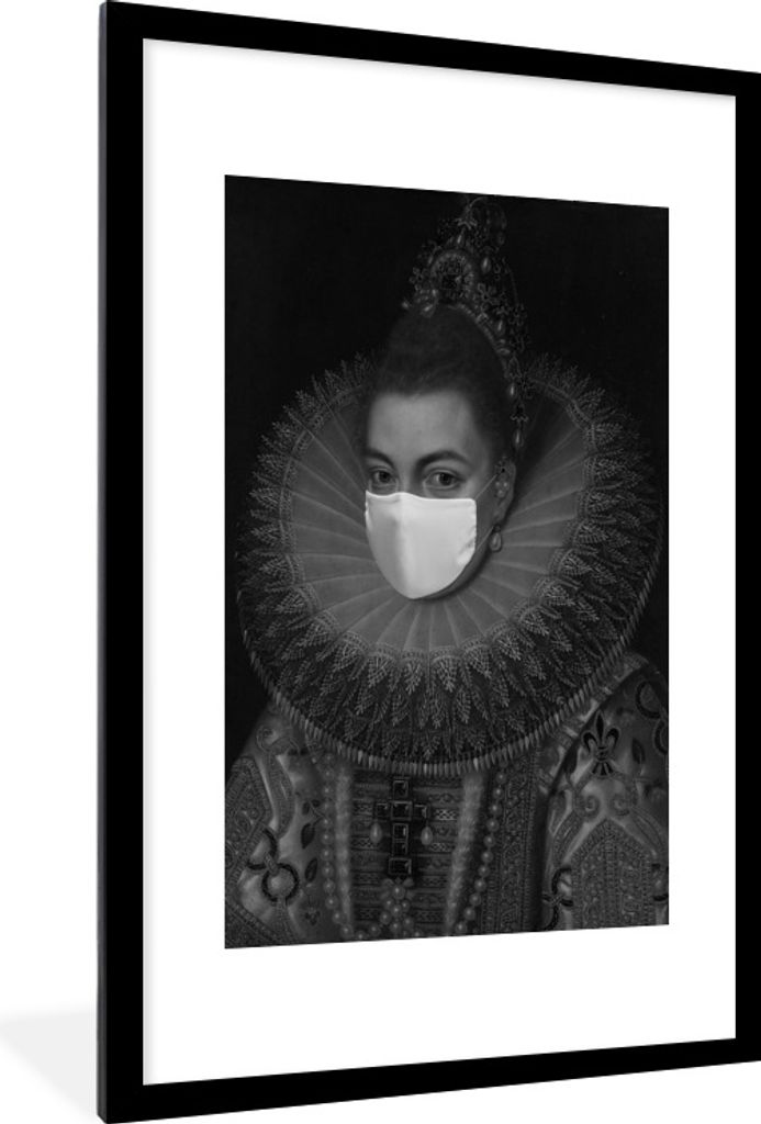 MuchoWow Gerahmtes Poster Isabella Clara Eugenia mit einem Mundschutz - Gemälde von Frans Pourbus dem Jüngeren - schwarz-weiß 60x90 cm - Poste...