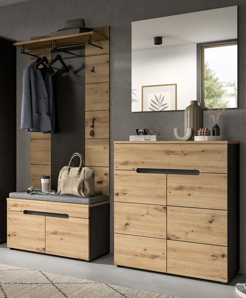 Garderobe Set 4-teilig "Cooper" in Artisan Eiche und grau 175 cm, Soft-Close und inklusive Sitzkissen