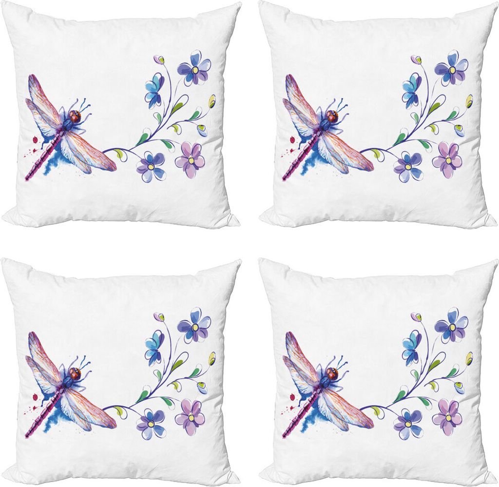 ABAKUHAUS Libelle Kissenbezug Set (4 Stück), Ivy Blumen Libellen, Moderner Doppelseitiger Digitaldruck, 60 cm x 60 cm, Grün, Lila und Blau