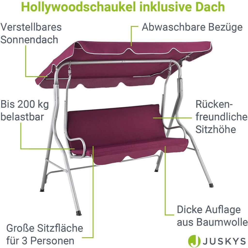 Juskys Hollywoodschaukel 3-Sitzer mit Dach & Sitzauflage – Produktbild 3