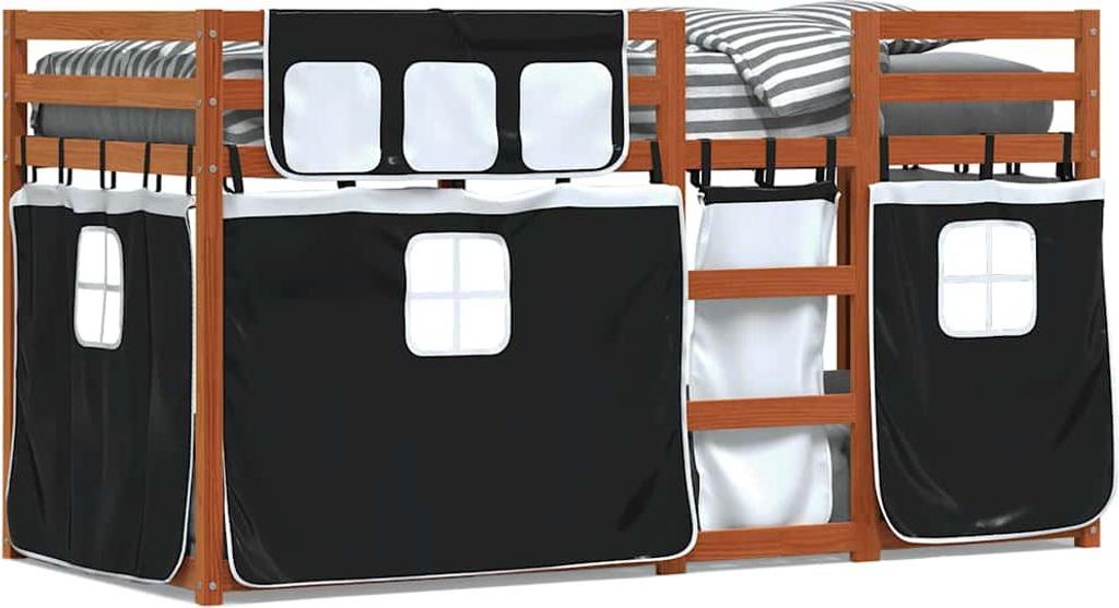 vidaXL Etagenbett mit Vorhängen Weiß Schwarz 90x200 cm Kiefernholz