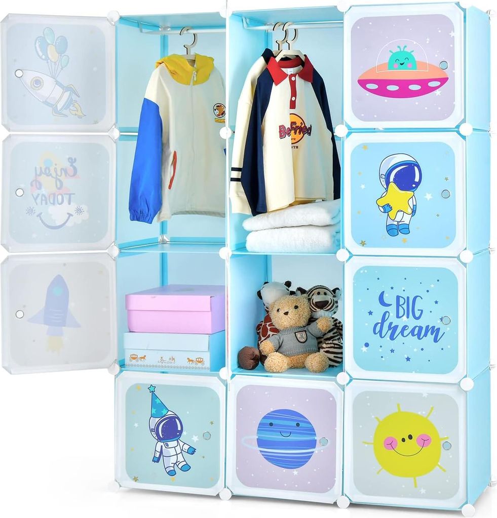 GOPLUS Kinder Kleiderschrank mit 12 Würfeln, Aufbewahrungsschrank mit Cartoon-Tiermotiven, Hängebereich & Hammer (12 Würfeln - Weltraum)