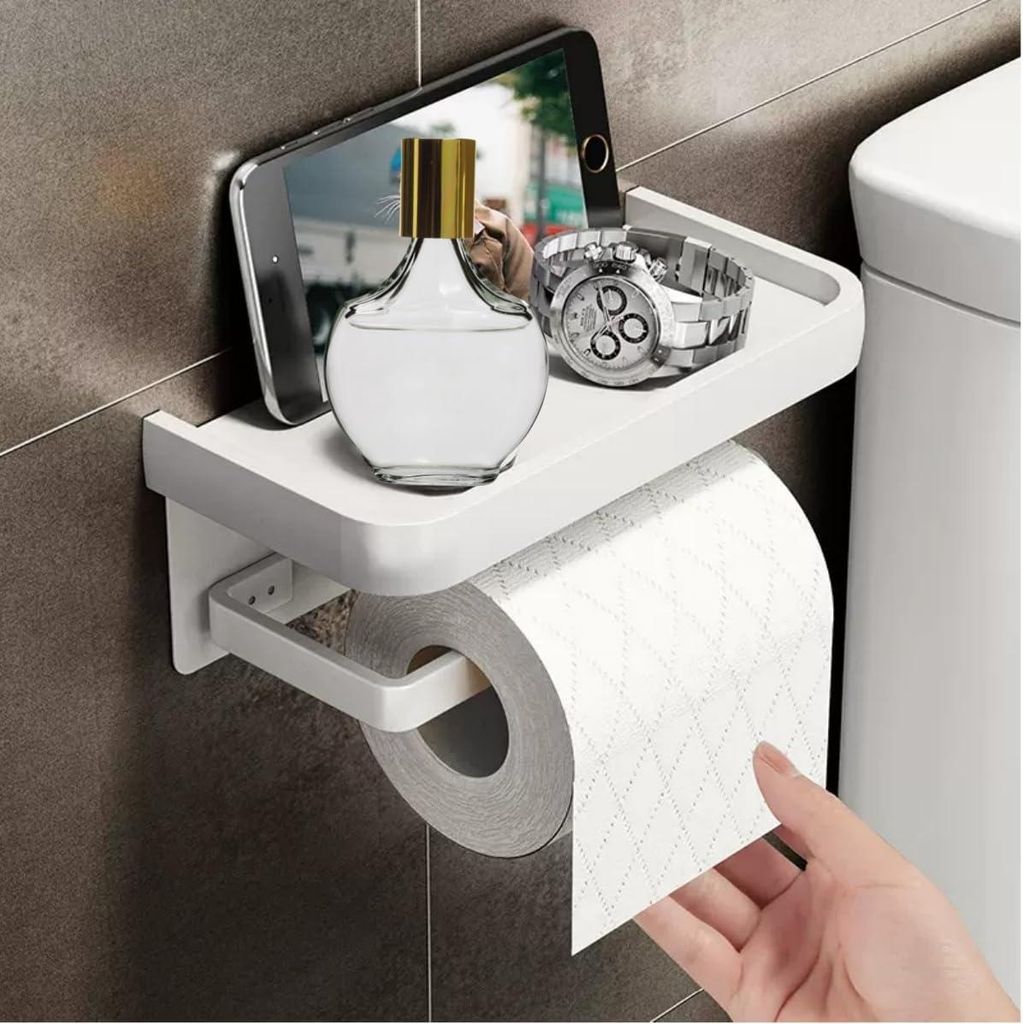Toiletpapierhalter ohne Bohren mit Regal - Aluminiumlegierung - Wandmontage - Weiß - Küchen- und Badezimmer-Toilettenrollenhalter