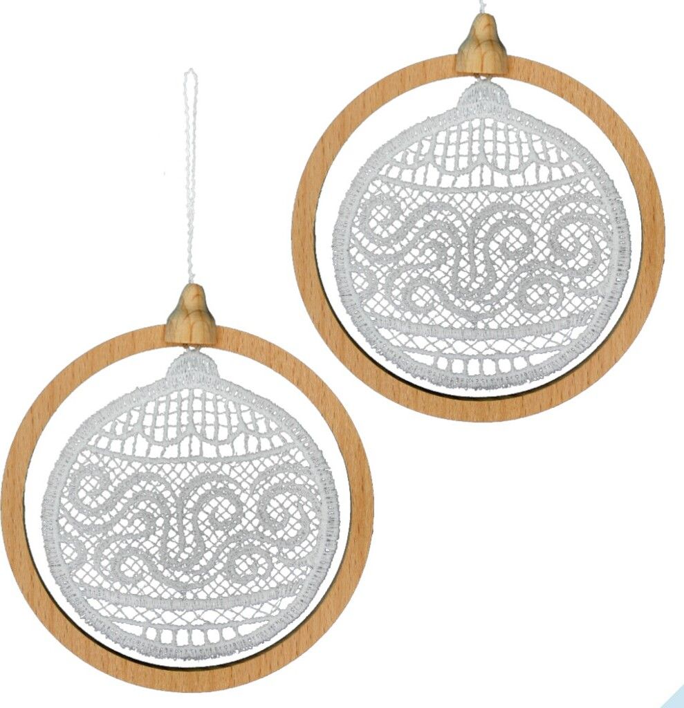 Weihnachtskugel im Buchenholzring, Wave, ecru weiß, 2 Stück