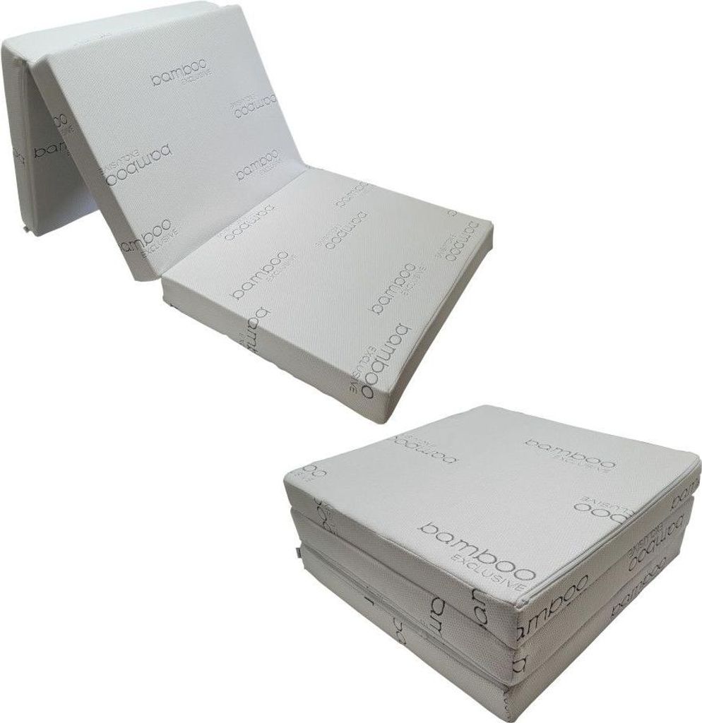 A folded and unfolded mattress is shown against a white background.