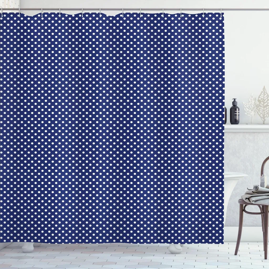 Tenda da Doccia Lunga 240cm ABAKUHAUS Blu Navy Pois Vintage