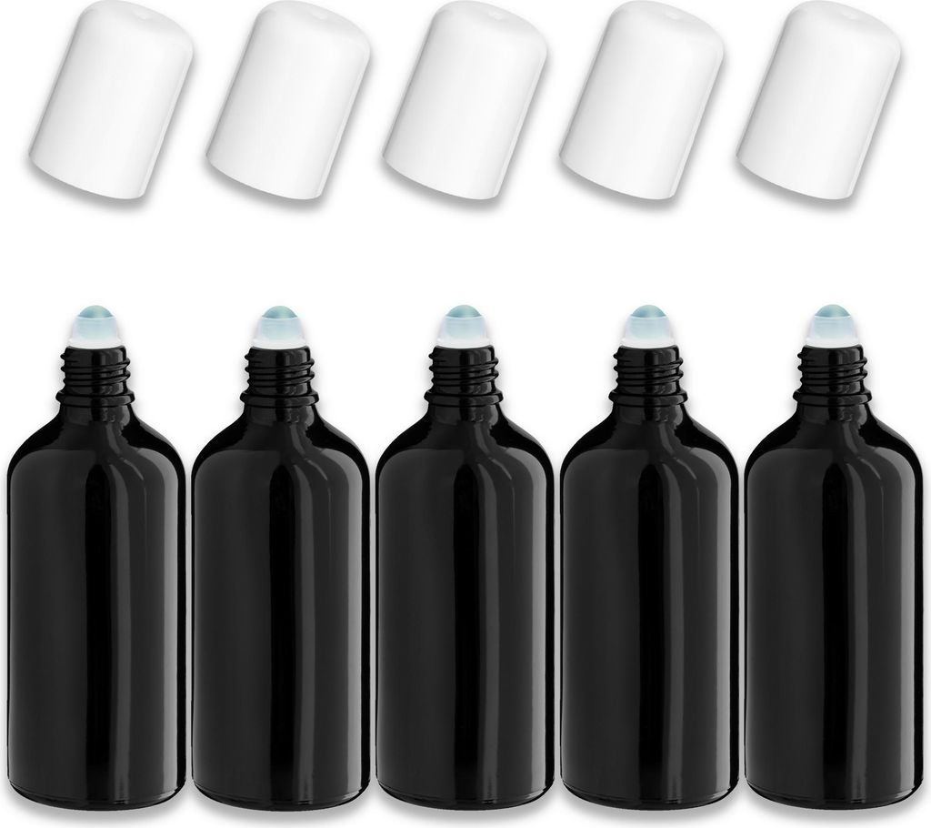 5x Glasflasche Schwarz 100 ml Roll-on mit Weißem Verschluss Set