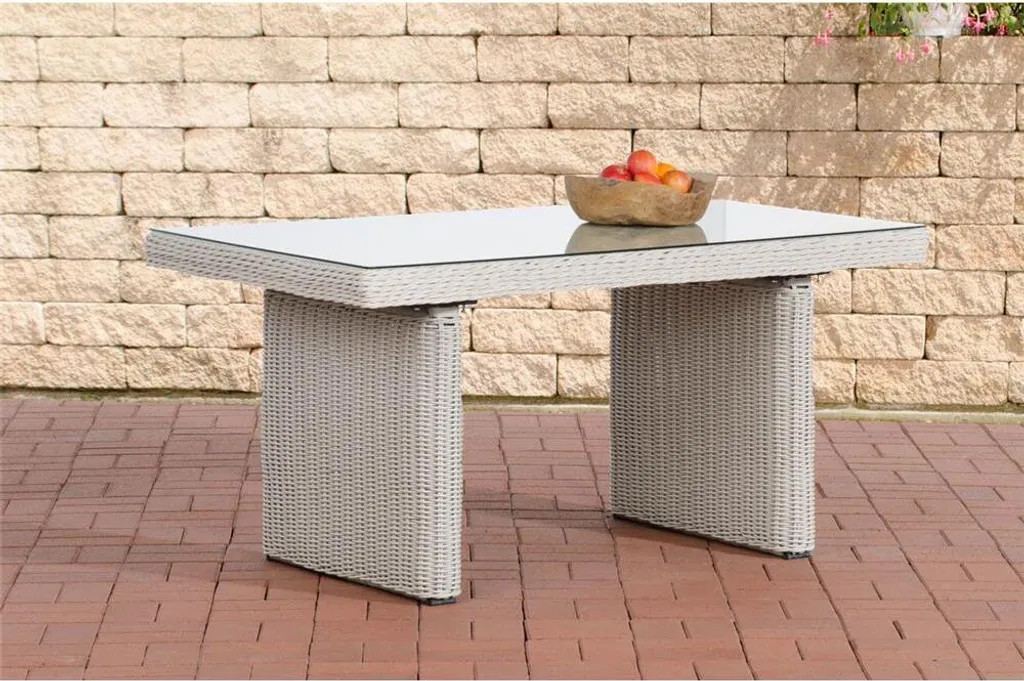 Table en Rotin 5mm avec Plateau Verre Trempé et Finition Blanc Perle
