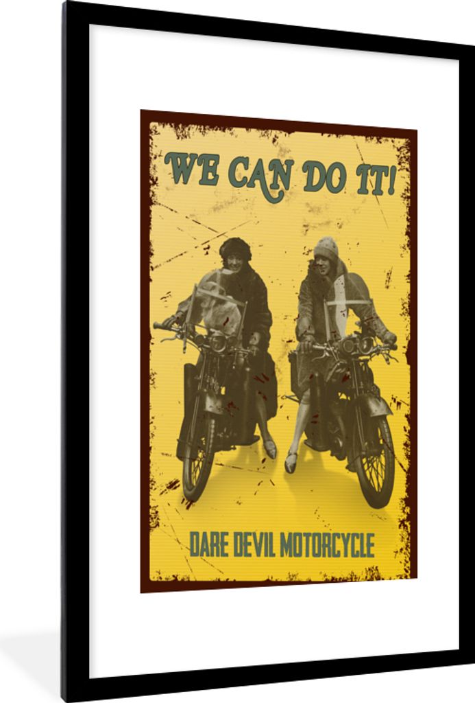 MuchoWow MuchoWow Gerahmtes Poster Motorrad - Retro - Frauen - Zeichnung 60x90 cm - Poster mit zchwarzem Bilderrahmen - Dekoration - Wandposter...