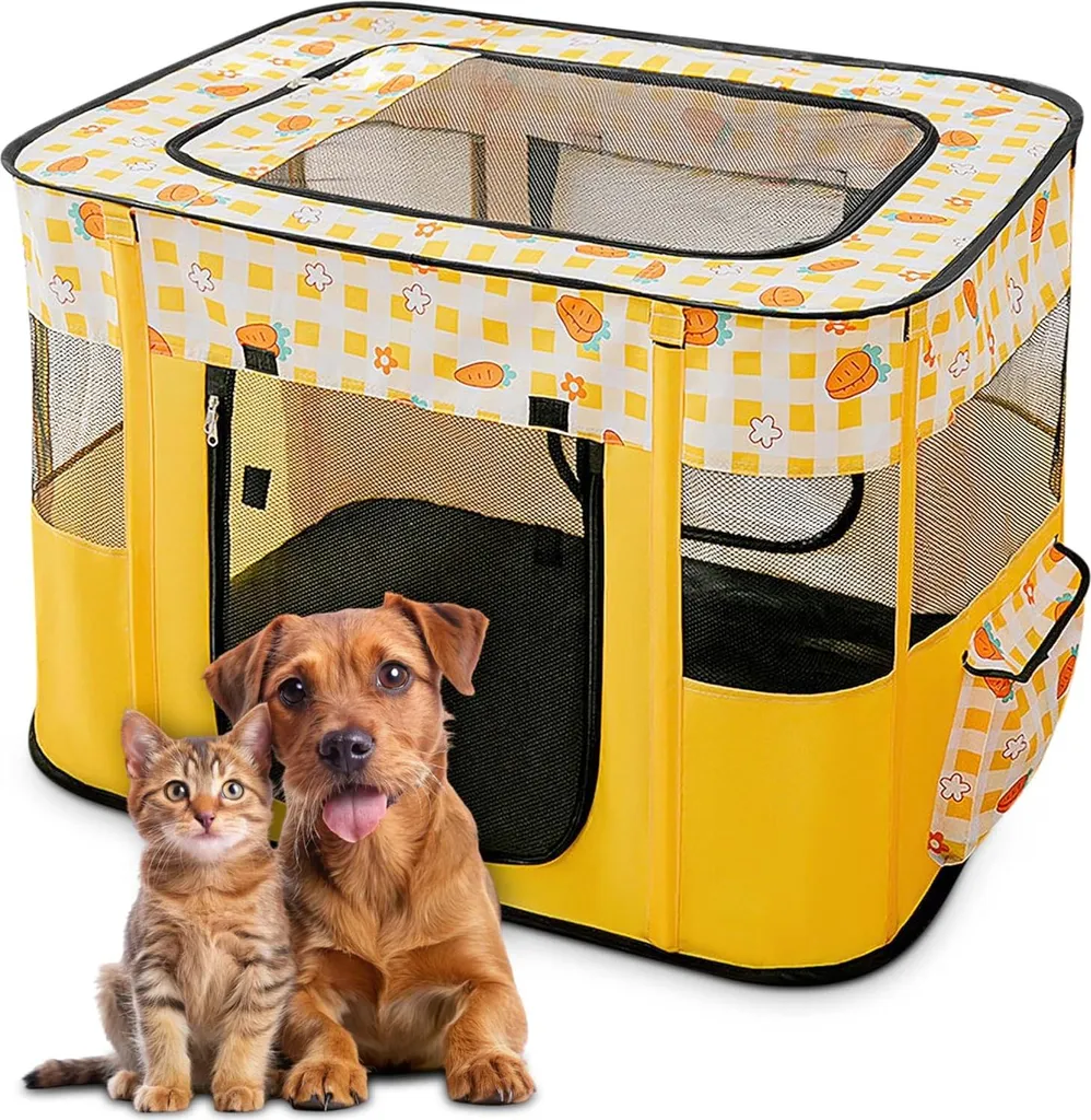 Cage de Transport en Mesh avec Zip pour Chien - Modèle Jaune Pliable