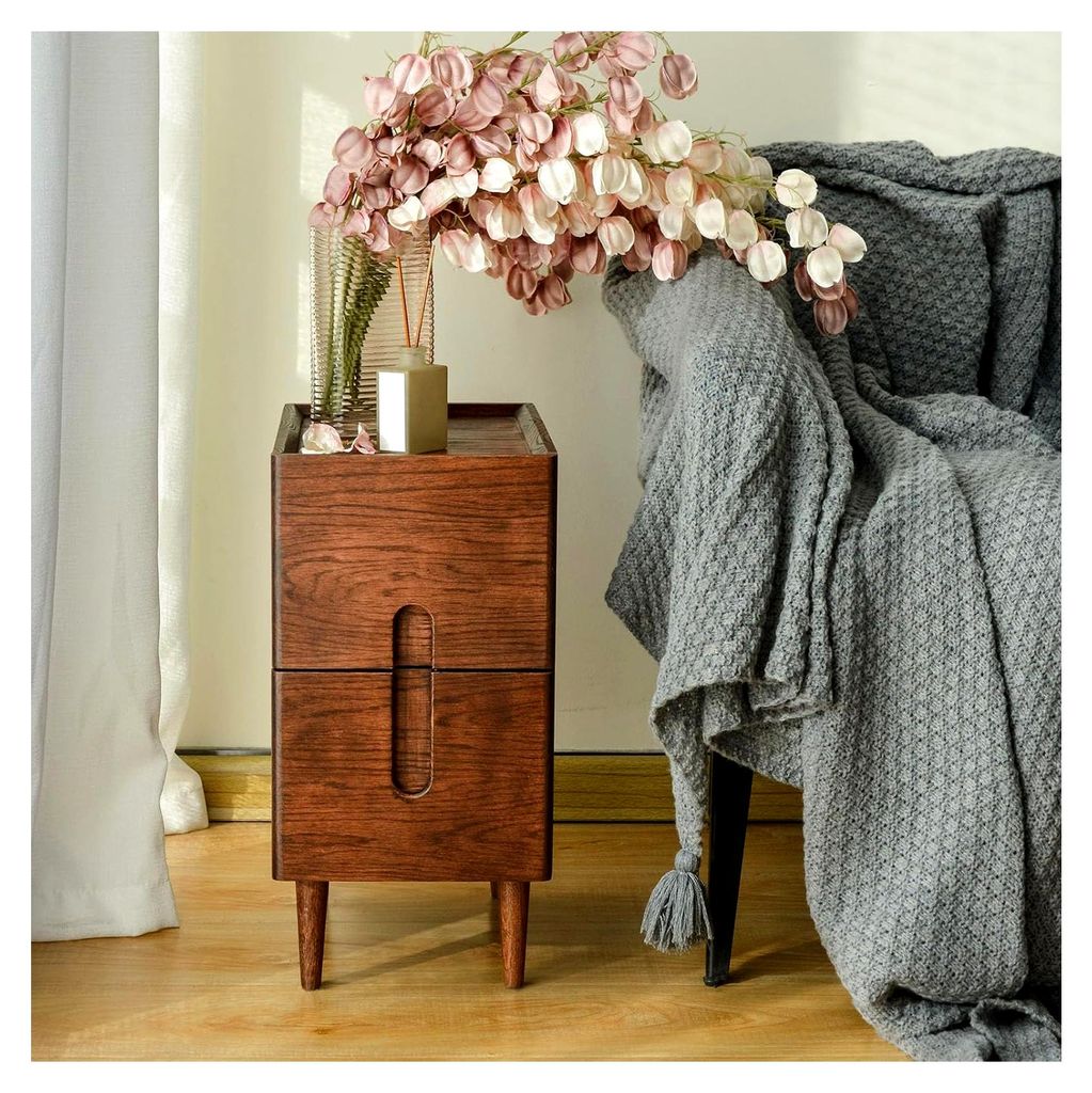 Nachttisch im Mid-Century-Modern-Stil aus massivem Holz mit 2 Schubladen, schmal, Eiche, 9,84 W x 15,75 T x 19,69 H Zoll, einfache Montage