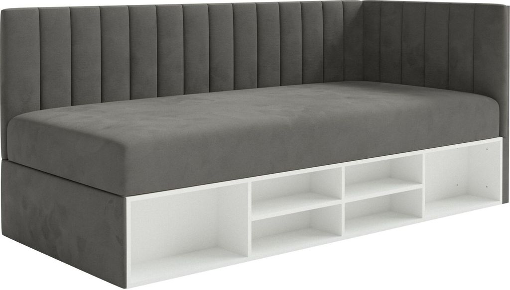 Selsey Ventrio - Jugendbett rechtsseitig mit Regalen, Easy-Clean-Samtbezug, dunkelgrau