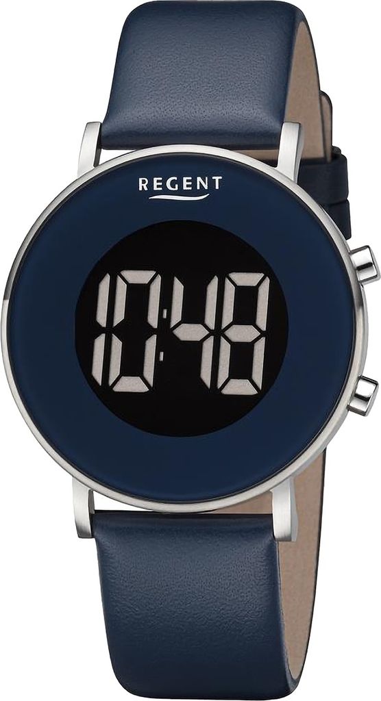 A digital watch with a blue face and a blue leather strap, shown against a white background.