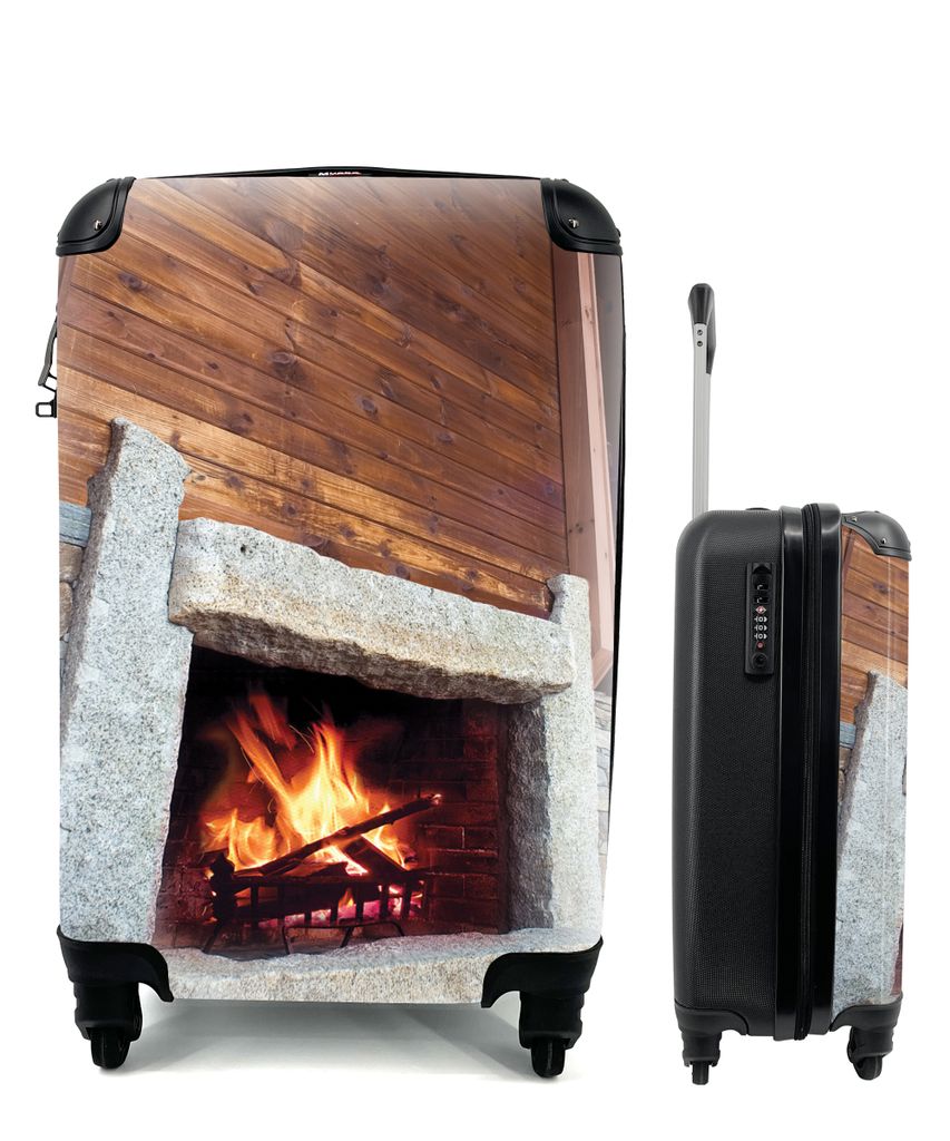 MuchoWow Koffer Handgepäck Trolley Rollkoffer Kleine Reisekoffer mit 4 Rollen - Kamin aus Stein - Cabin Size < 55x40x23 cm & 55x40x20 cm - Fotok...