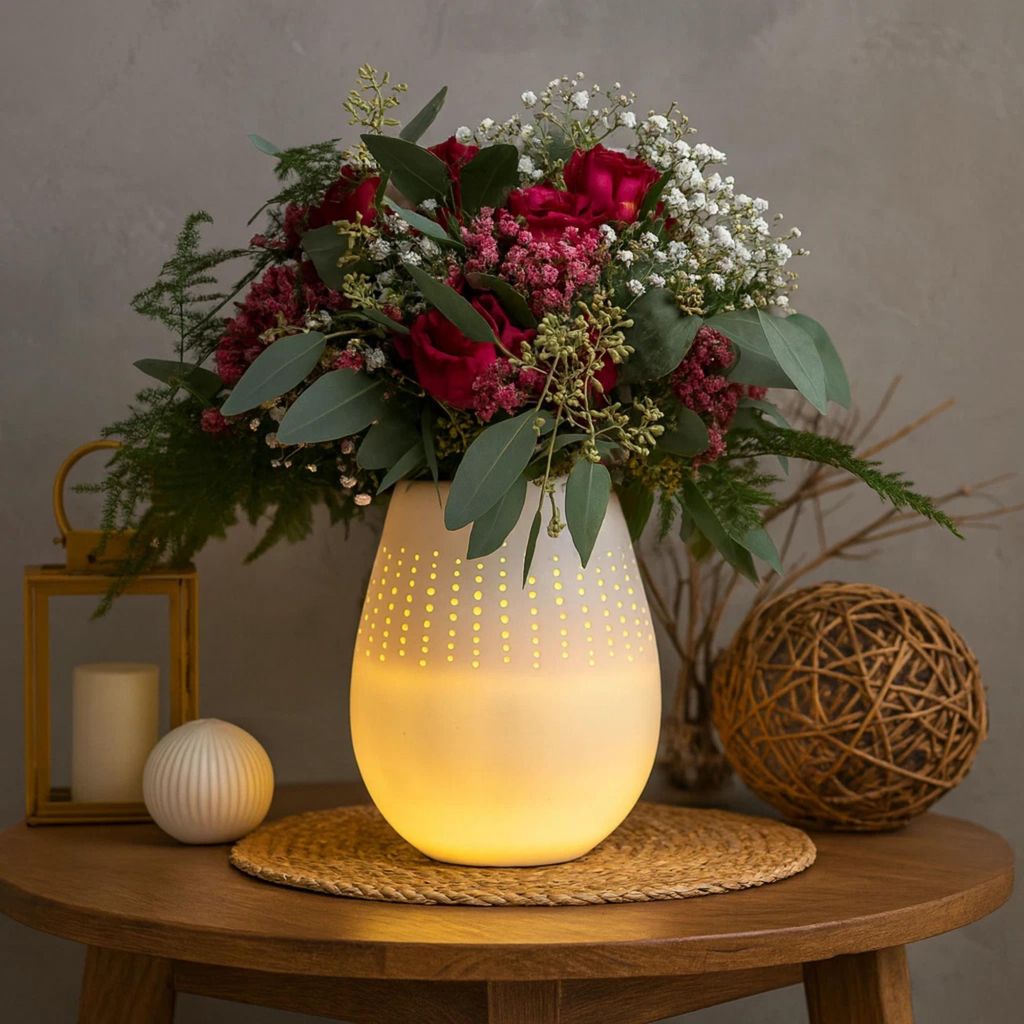 Porzellan Blumenvase mit LED & Timer - Weiß, handgefertigt, wasserdicht