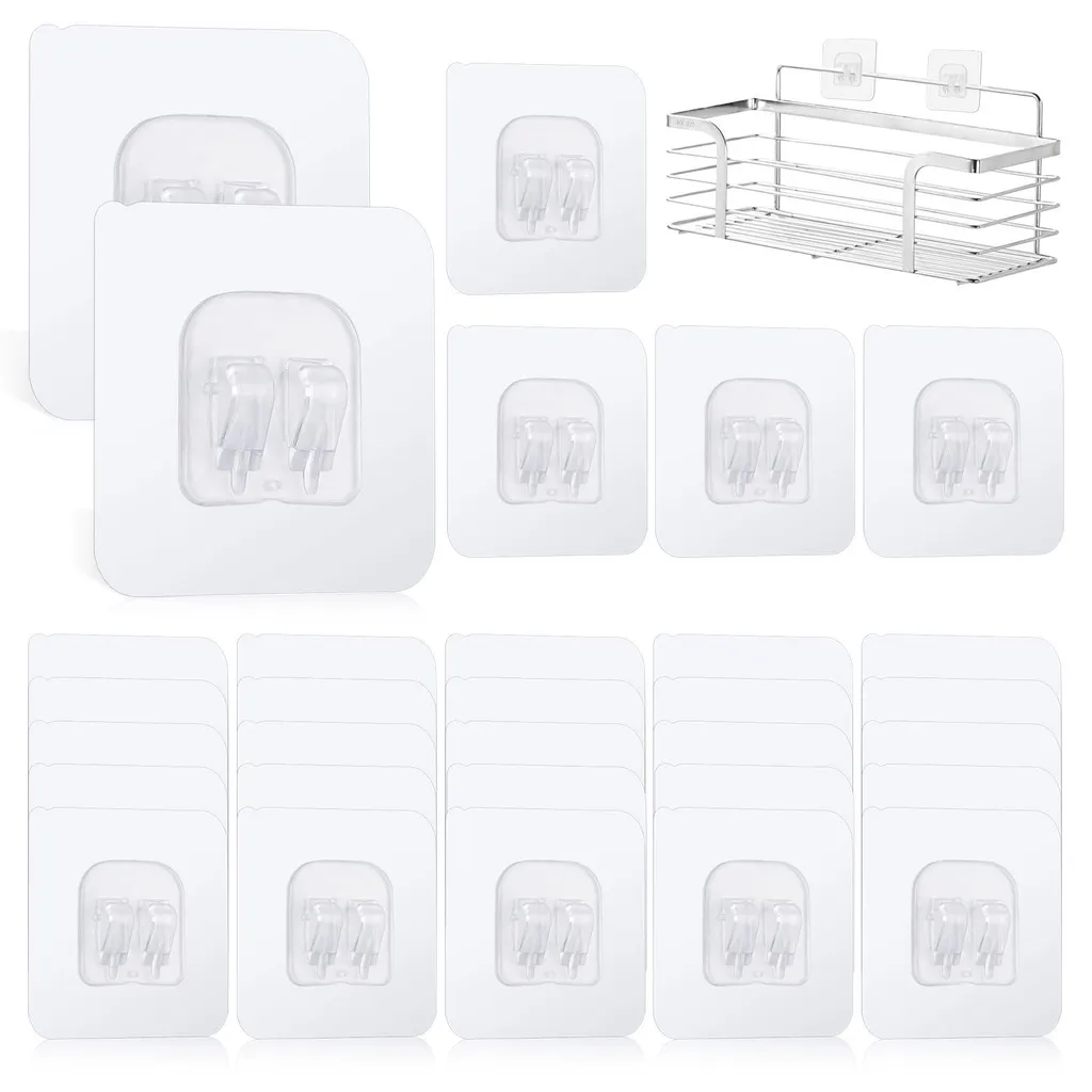 Lot de 30 crochets adhésifs transparents 6x6 cm pour salle de bain