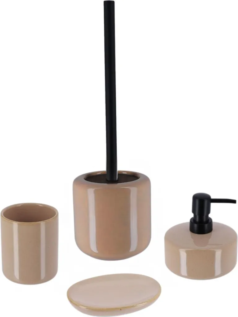 Accessoires de salle de bain en grès beige pour une déco épurée