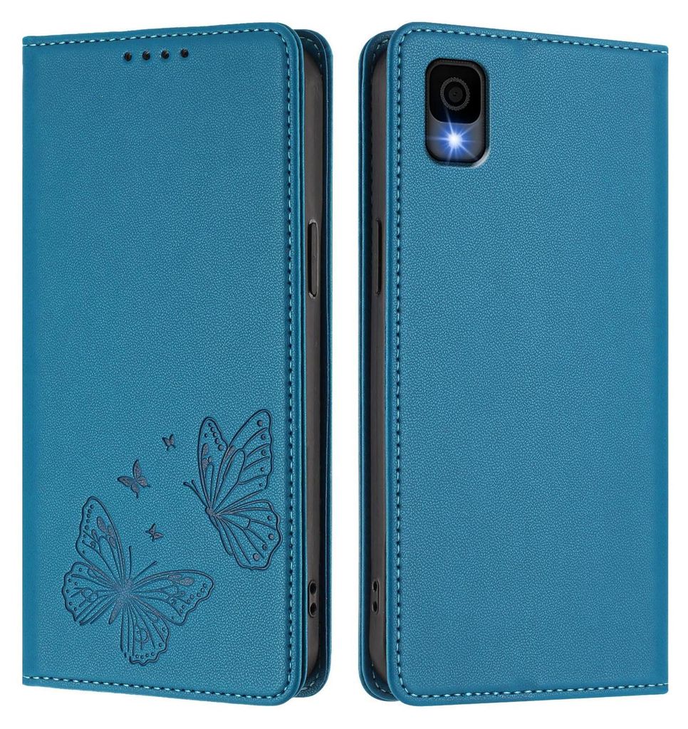Lederhülle für TCL 30Z, Schmetterling Prägung Leder Brieftasche Schutzhülle mit Ständer Blau