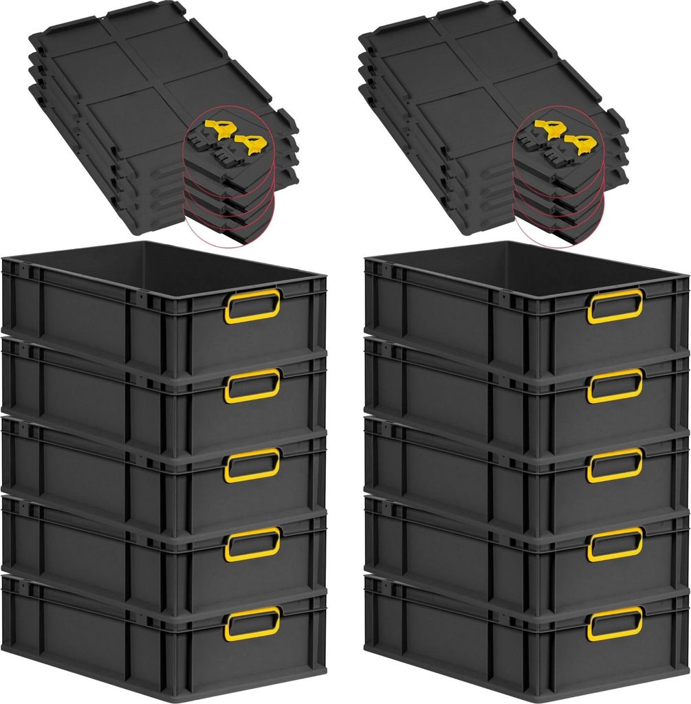 SuperSparSet 10x Eurobox NextGen Color mit Scharnierdeckel und Schiebeschnappverschlüssen | HxBxT 17x40x60cm | 34 Liter | Schwarz | Griffe gelb ge...