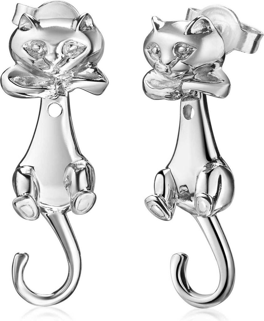 MATERIA 2in1 Ohrstecker Katze Silber 925 für Damen beweglich rhodiniert + Schmuckbox SO-195