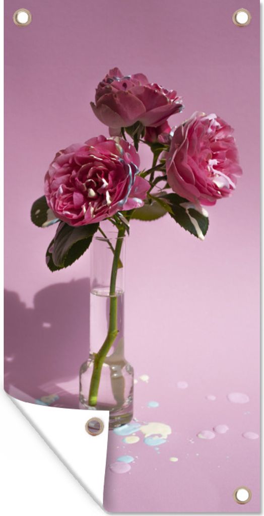 MuchoWow 80x160 cm Outdoor-Poster Gartendeko Sichtschutz Garten Poster für den Garten Rosen - Rosa - Vase