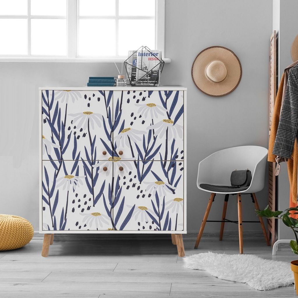 A hallway or entryway setting with a patterned cabinet, chair, and coat rack.