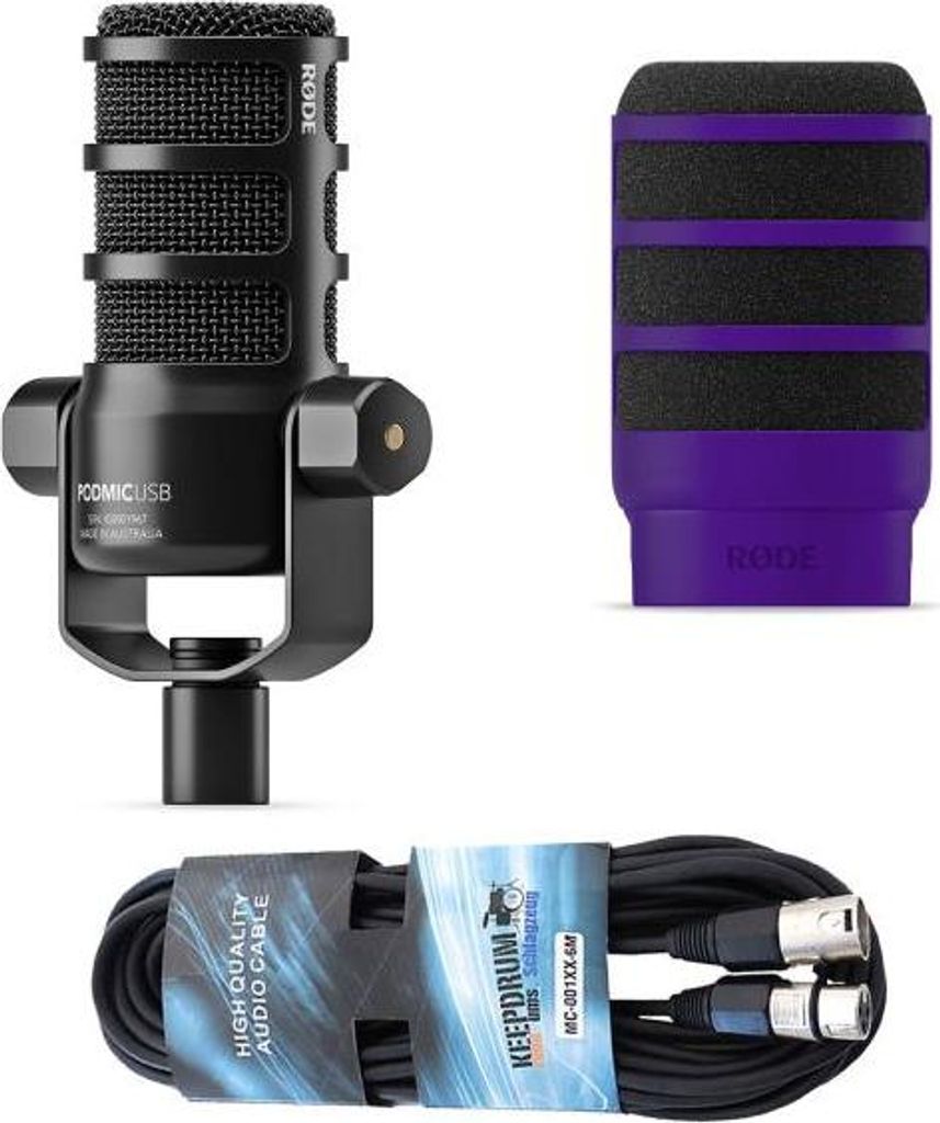 Rode Mikrofon Podmic USB mit WS14PU Popschutz Lila und Kabel
