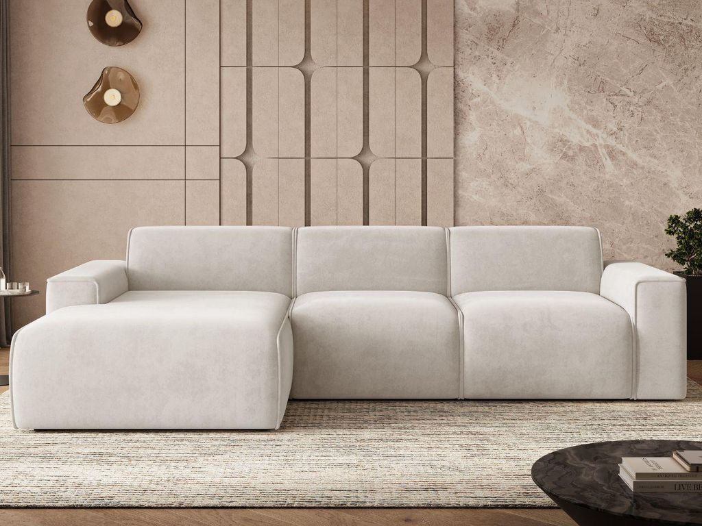 GrainGold Ecksofa L-Form Links Lavia - Ecksofa mit Schlaffunktion, Bettkasten - Moderne Ecksofa, Wohnzimmer Sofa - Eckcouch Hellbeige (Castel 03)