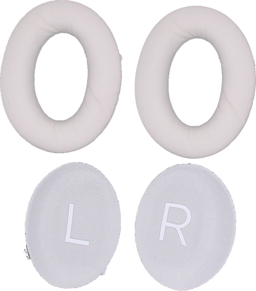 Two pairs of white ear pads and two smaller circular ear pads with L and R markings.