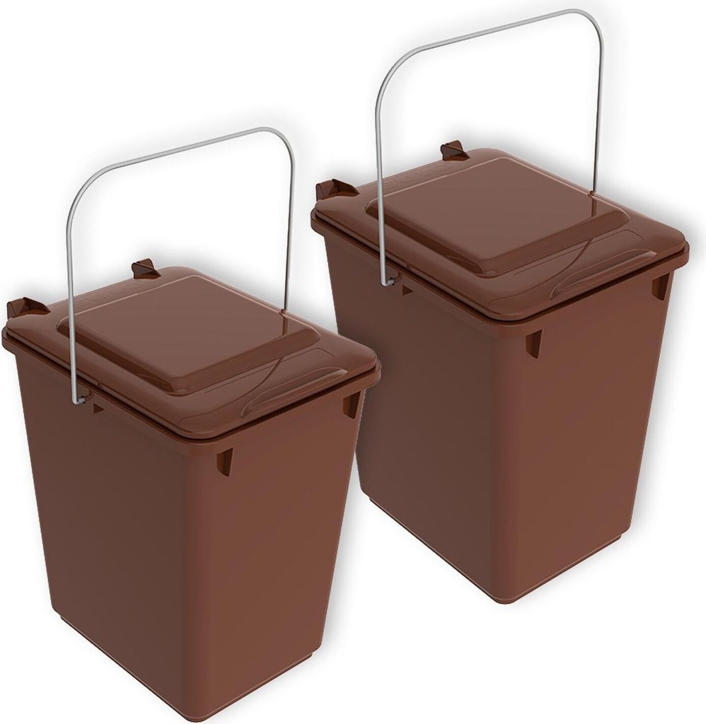Two brown compost bins with metal handles are shown against a white background.