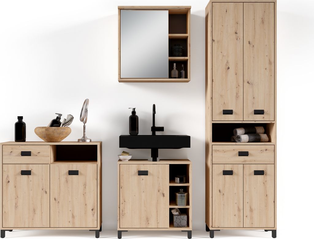 byLIVING Badezimmer Spiegelschrank WELLNESS mit LED-Beleuchtung & Steckdose / Moderner, 1-türiger Spiegel Hängeschrank in Artisan Eiche / Wandsch...
