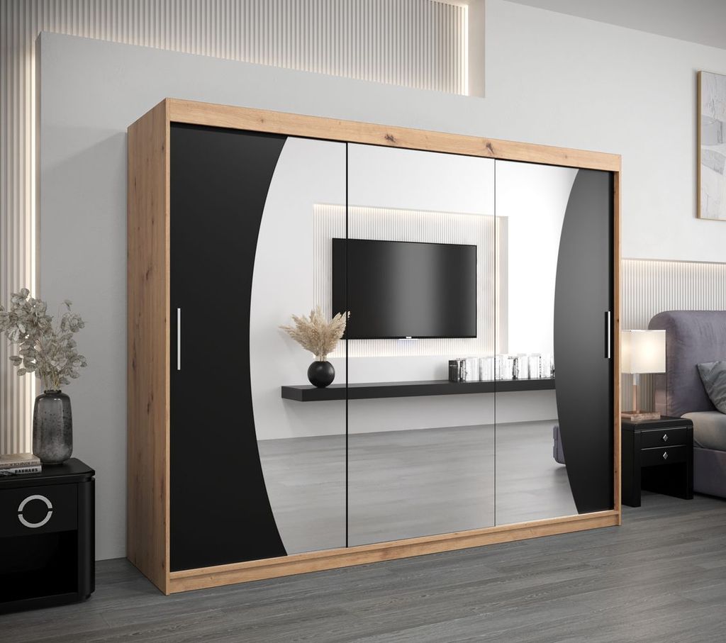 Kleiderschrank mit Schiebetüren SIMONA – 250 cm, Eiche handwerklich / schwarz