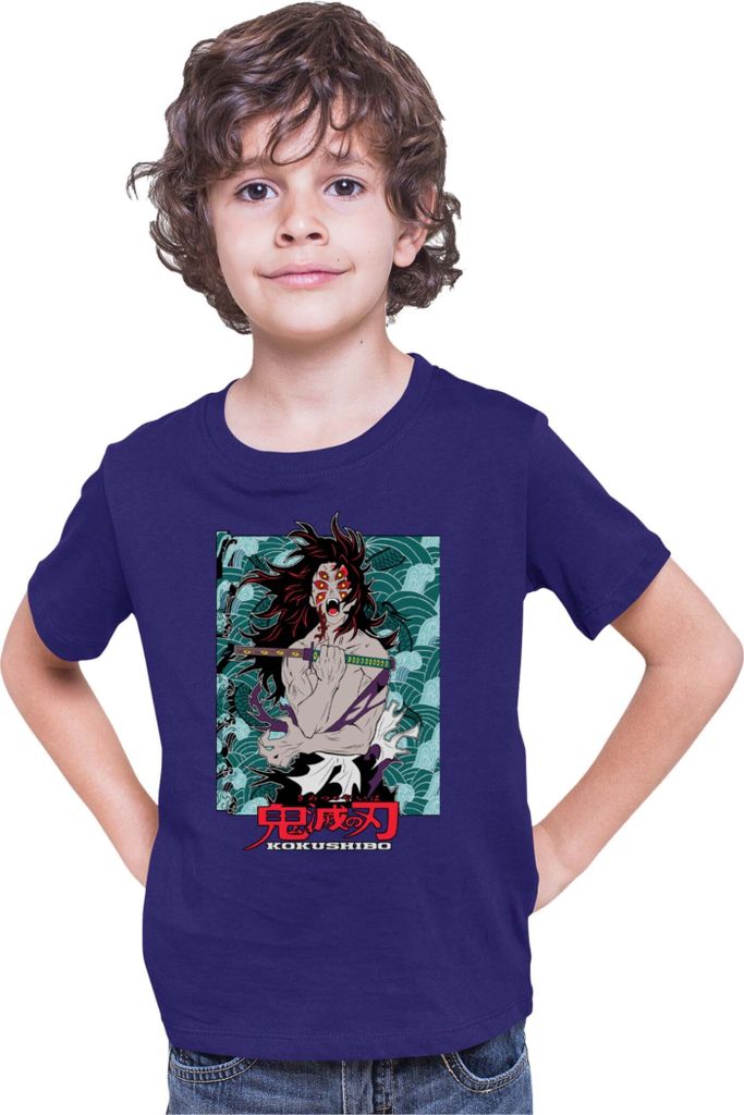 Kinder T-Shirt Demon Anime Slayer Kimetsu No Yaiba Kokushibo 001, 3-4 Jahr - 104 / Dunkelblau