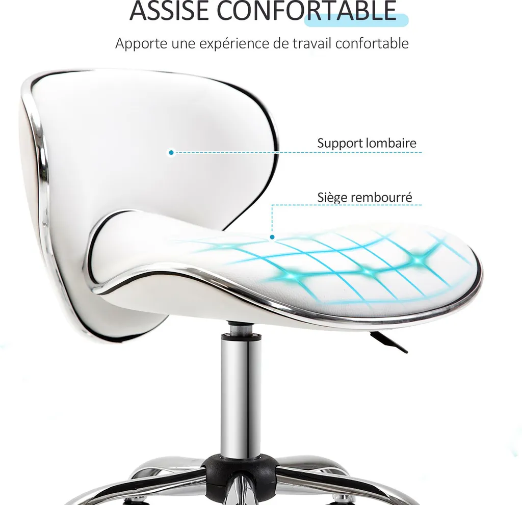 HOMCOM Tabouret à roulettes réglable 44-56 cm avec dossier blanc - 6