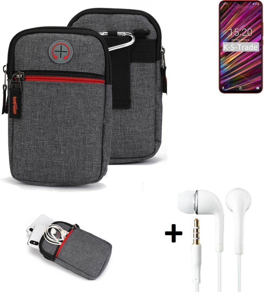 K-S-Trade Gürtel Tasche + Kopfhörer kompatibel mit UMIDIGI F1 Handy Tasche Holster Schutz Hülle Handy Hülle grau Zusatzfächer 1x