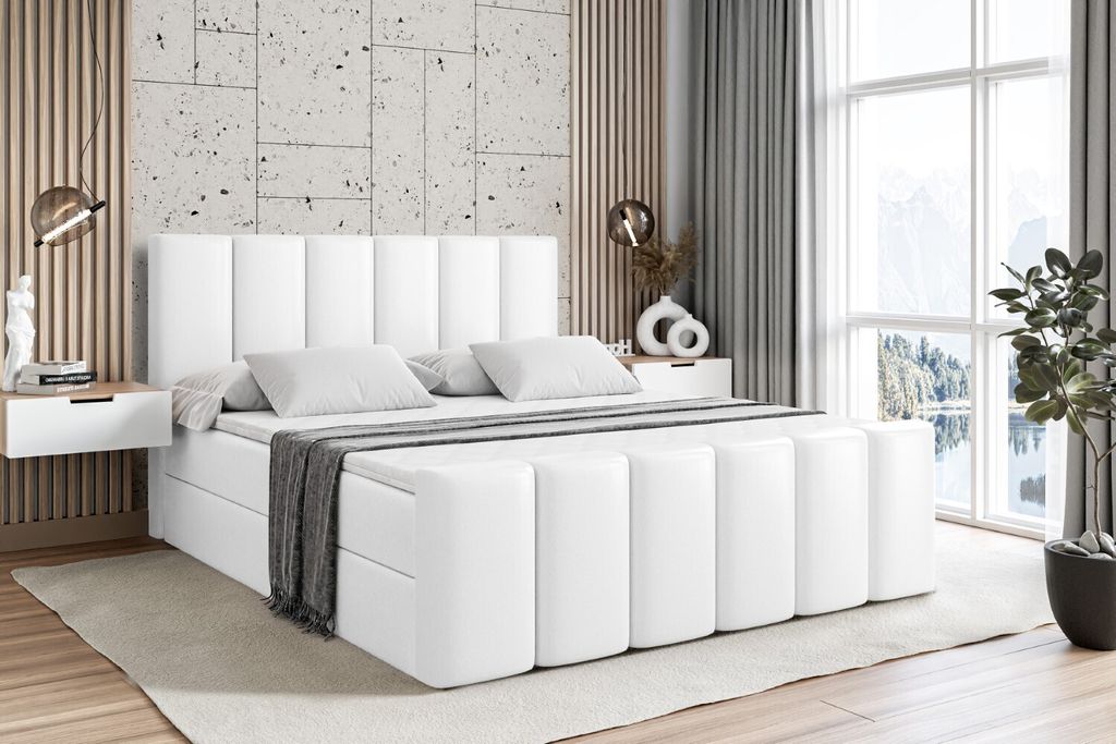 ALTDECOR Boxspringbett mit Fußteil, H4 Matratze und Topper - 180x200 cm - BOXI1-Z - Weiß Kunstleder - Polsterbett mit Bettkasten und Lattenrost, ...