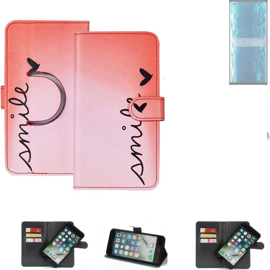 K-S-Trade Schutzhülle Handyhülle kompatibel mit Motorola Edge Hülle cover bookstyle Etui ''smile'' rot Standfunktion Kameraschutz (1Stk)
