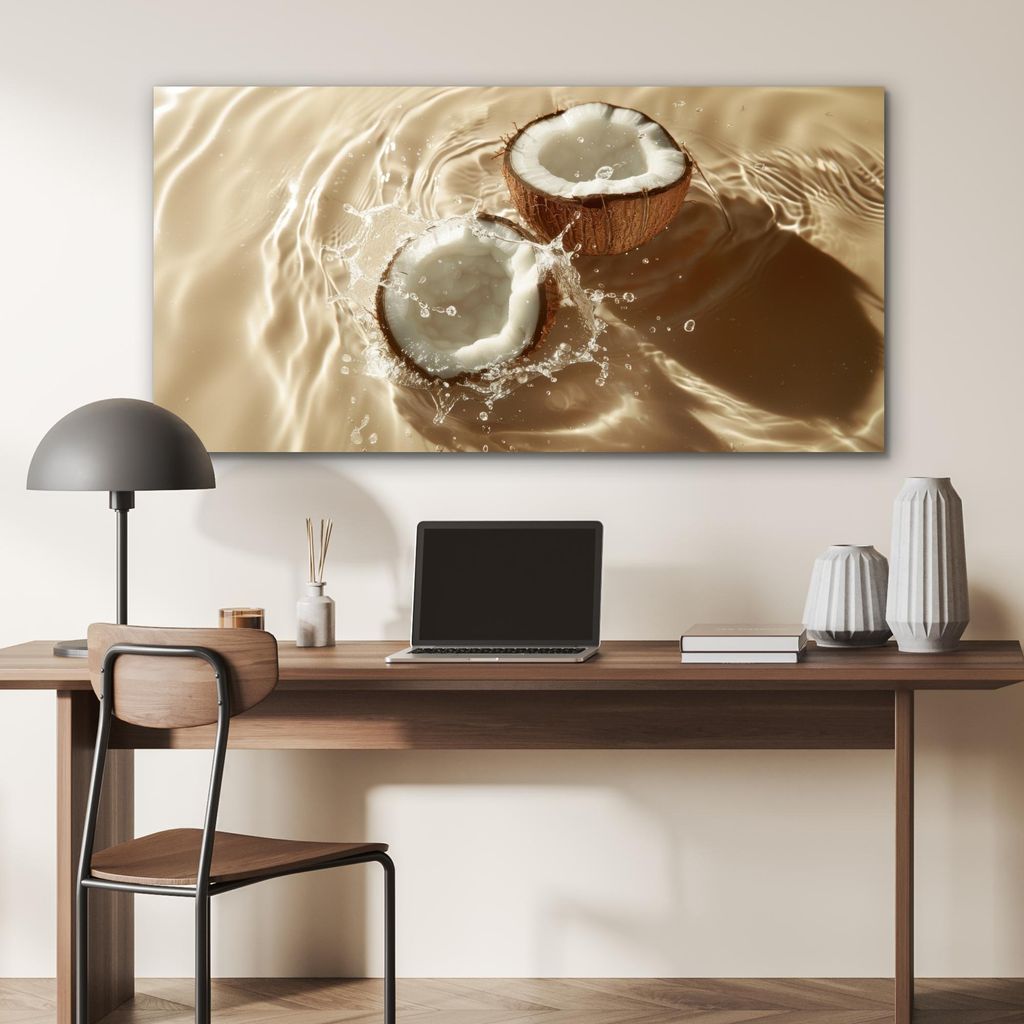 MuchoWow Wanddekoration Metall Metallbild Wandkunst 120x60 cm Kokosnuss - Wasser - Beige - Spritzer MuchoWow Aluminium Gemälde - Metalbilder