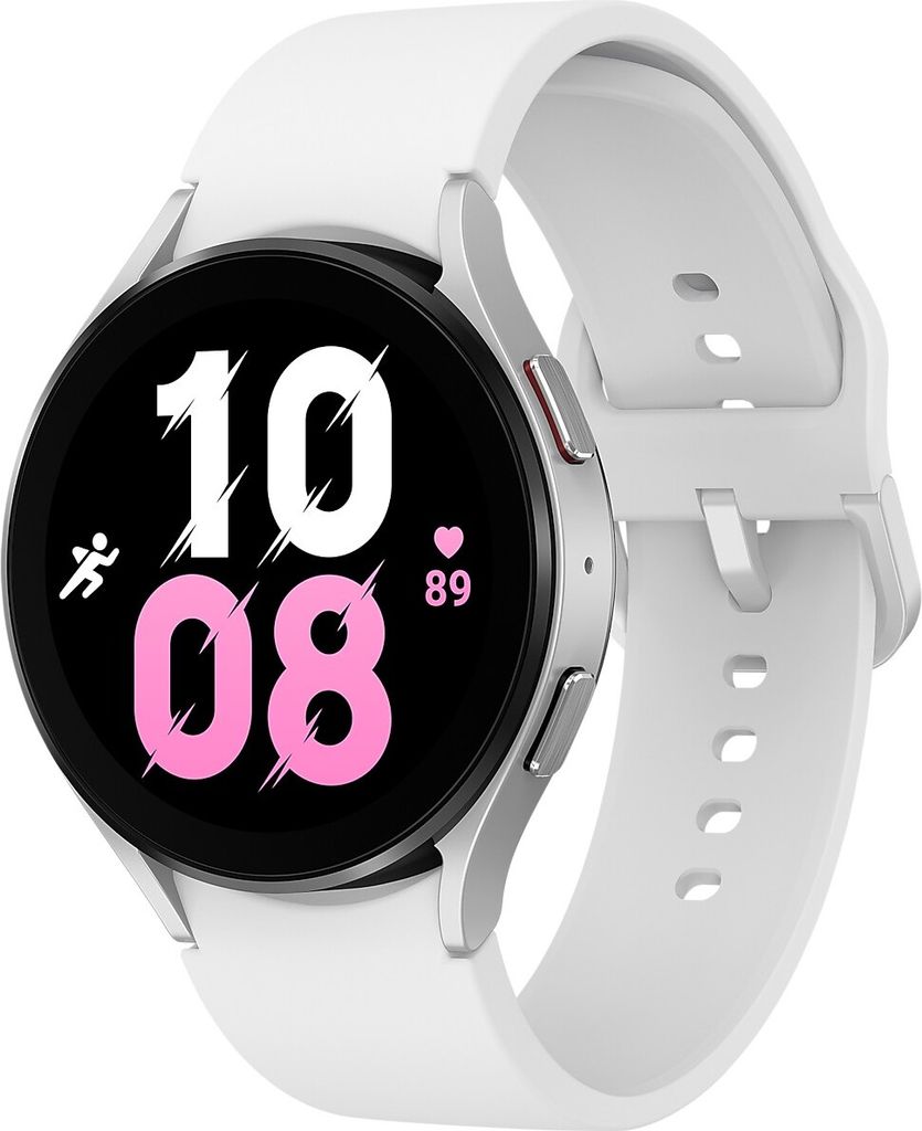 A white Samsung Galaxy Watch5 is shown against a white background. The watch face displays the time '10:08' in large pink numbers, along with icons for running and a heart rate of 89.