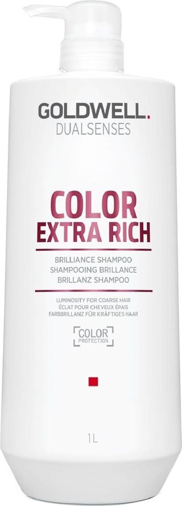 A white bottle of Goldwell Dualsenses Color Extra Rich Brilliance Shampoo with a pump dispenser.