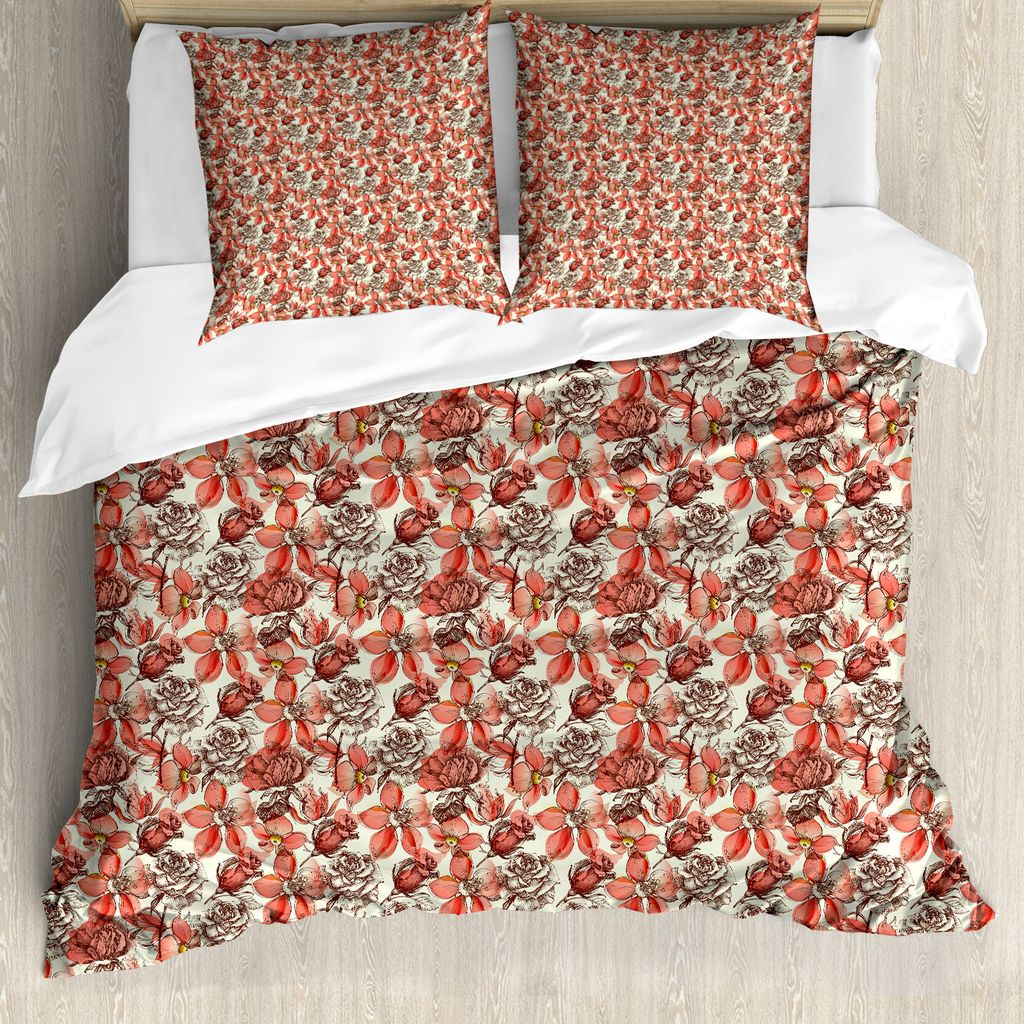 ABAKUHAUS Vintage Rose Bettbezug Set für Einzelbetten, Gravierte Skizze-Kunst, Milbensicher Allergiker geeignet mit Kissenbezug, 155 cm x 220 cm -...