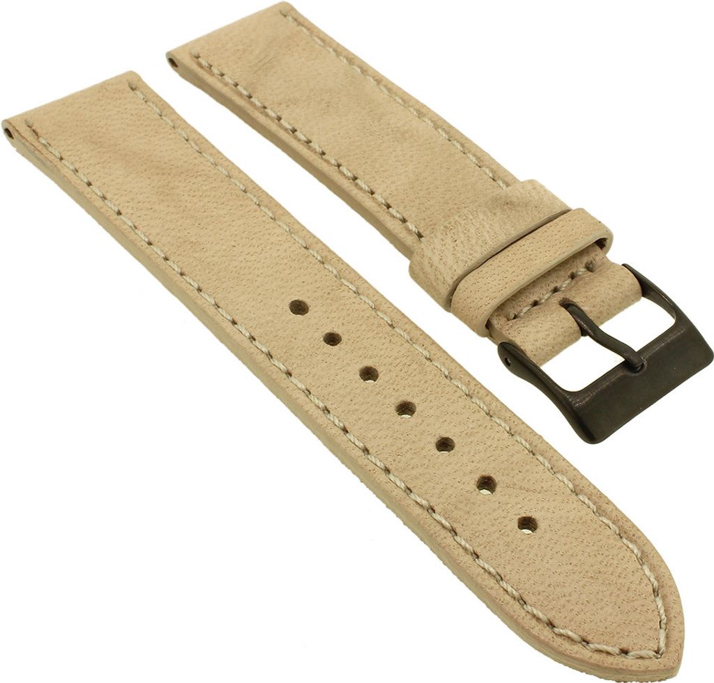 Herzog Piemont Uhrenarmband 18mm glattes weiches Leder genäht > beige , Schließe:Schwarz