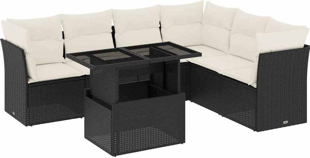 vidaXL 7-tlg. Garten-Sofagarnitur mit Kissen Schwarz Poly Rattan