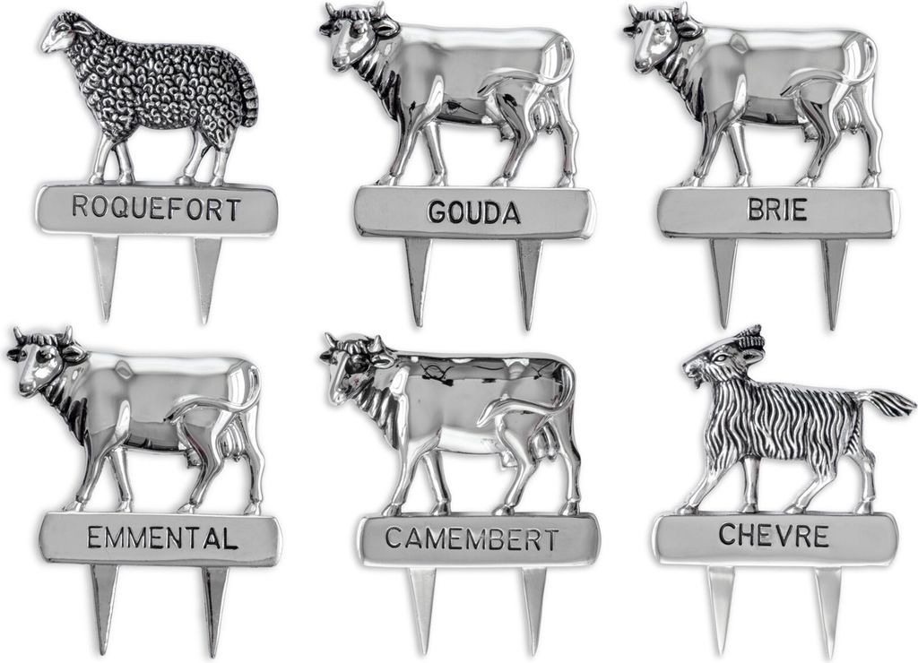 Käsermarker-Set 6-teilig, Emmentaler, Brie, Gouda, Roquefort, Camembert, Ziegenkäse, versilbert, L