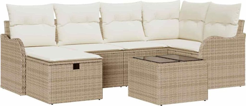 Garten-Sofa-Set mit Kissen mit Speicher 7 pcs Beige Poly Rattan
