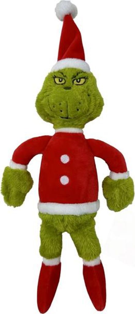 A plush toy of the Grinch wearing a Santa outfit.