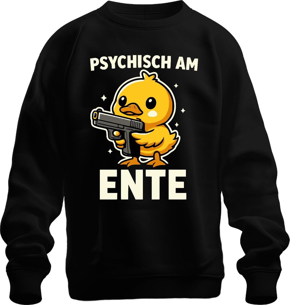 Psychisch am Ente Entchen mit Pistole Lustig Meme Frech Gag Retro Uni Sweatshirt Pullover, Schwarz, L